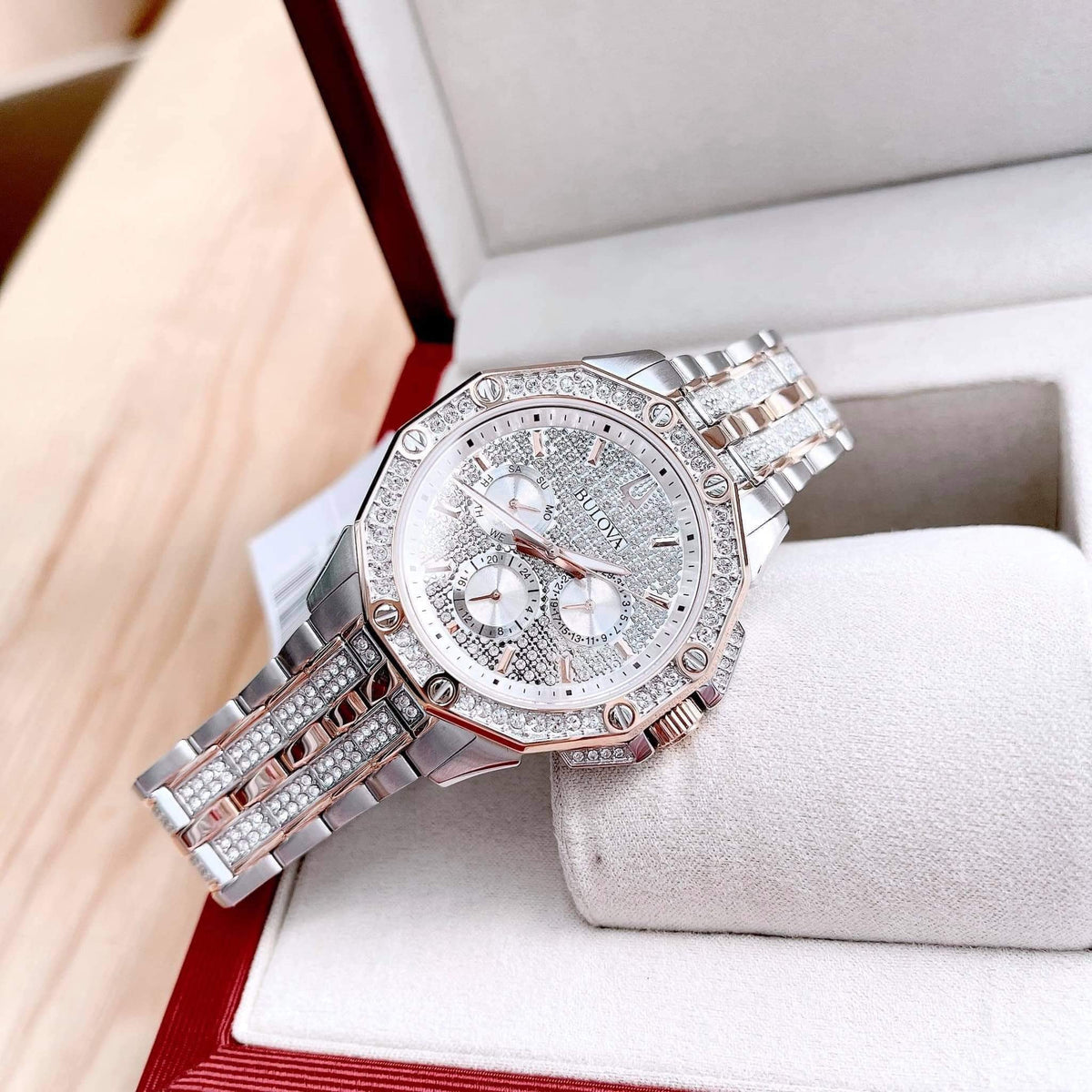  Shop Authentic Bulova Octova Crystal Silver Dial Two Tone Steel Strap Watch for Men - 98C133 - Luxxuri