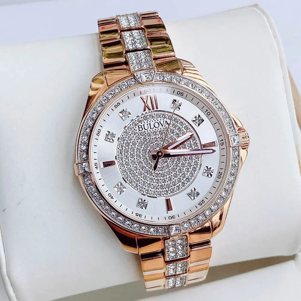  Shop Authentic Bulova Crystal Collection Silver Dial Rose Gold Steel Strap Watch for Women - 98L229 - Luxxuri