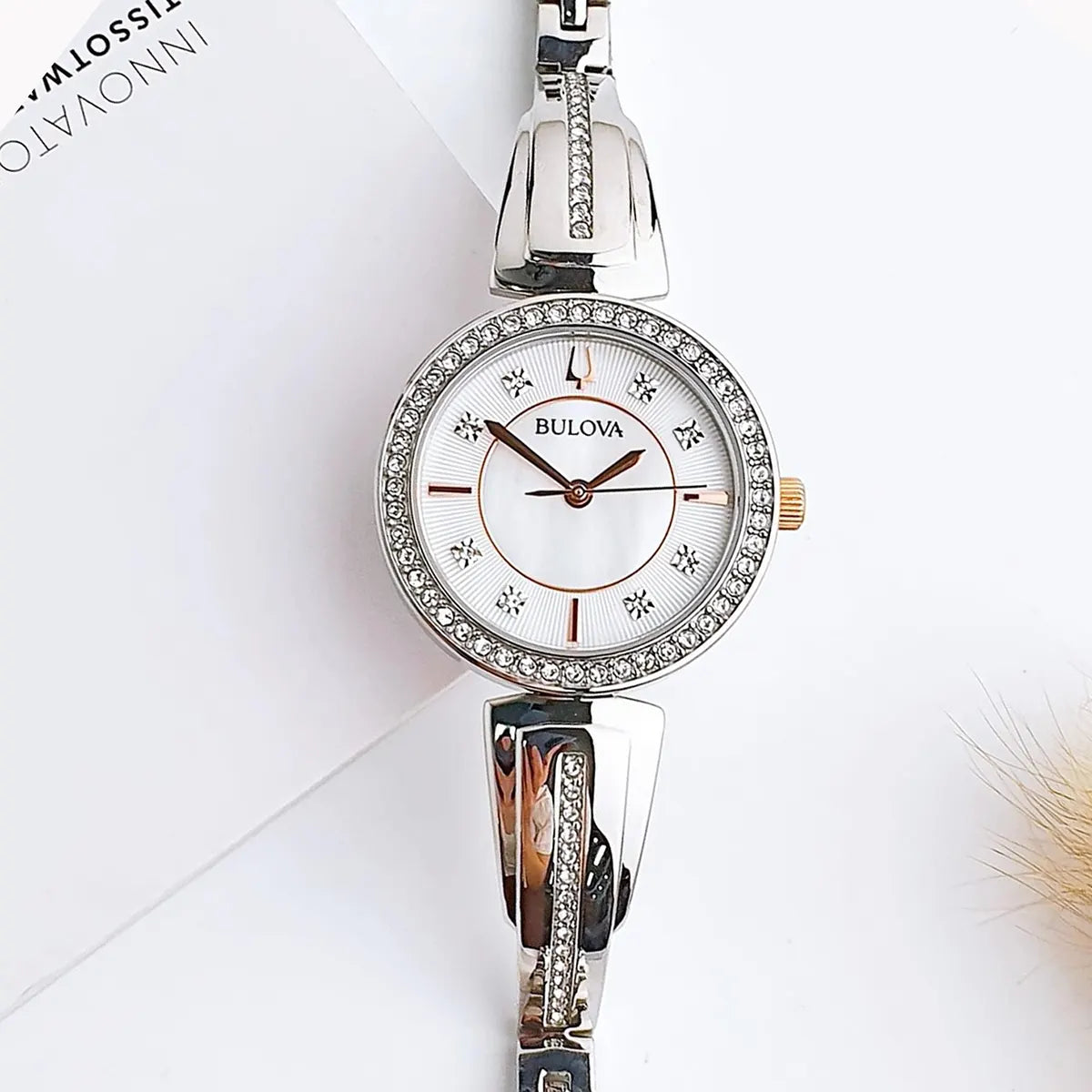  Shop Authentic Bulova Crystals Mother of Pearl Dial Two Tone Steel Strap Watch for Women - 98X108 - Luxxuri