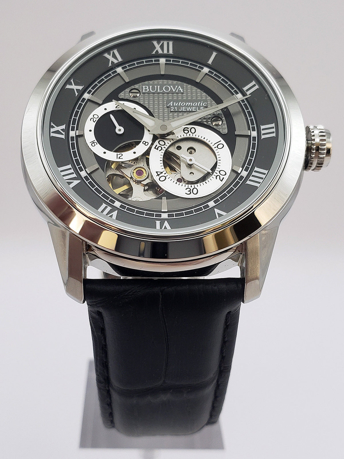  Shop Authentic Bulova BVA Classic Automatic Silver Dial Black Leather Strap Watch for Men - 96A135 - Luxxuri