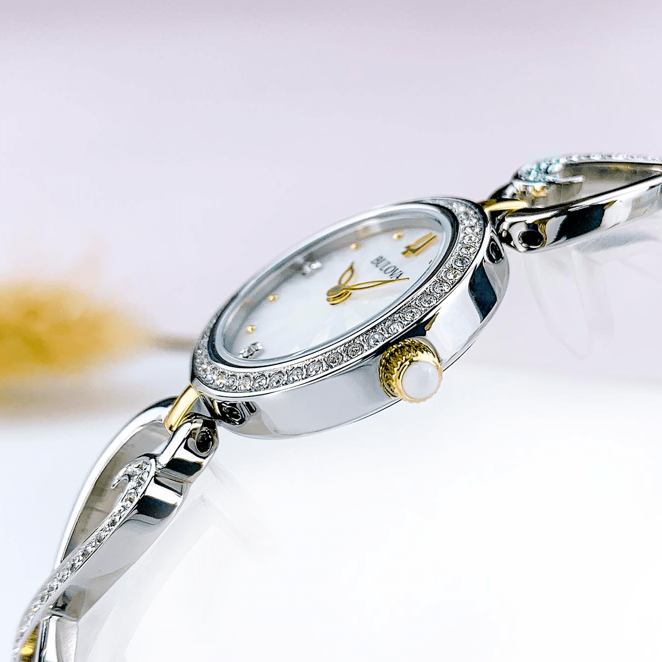  Shop Authentic Bulova Crystals Mother of Pearl Dial Two Tone Steel Strap Watch for Women - 98X108 - Luxxuri