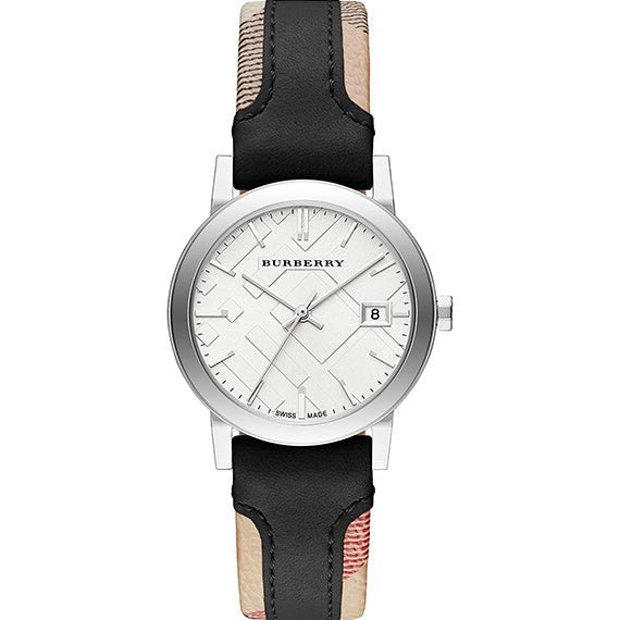  Shop Authentic Burberry The City White Dial Black Haymarket Leather Strap Watch for Women - BU9150 - Luxxuri