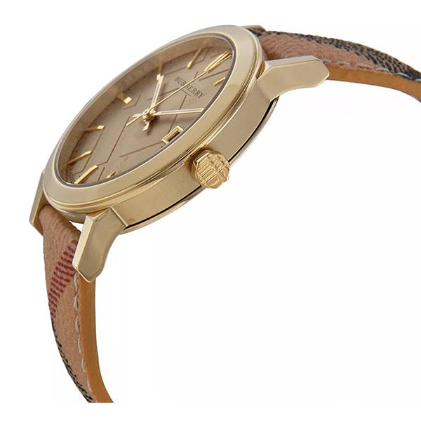  Shop Authentic Burberry The City Gold Dial Haymarket Brown Leather Strap Watch for Women - BU9026 - Luxxuri