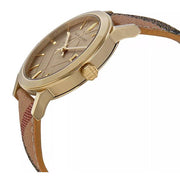  Shop Authentic Burberry The City Gold Dial Haymarket Brown Leather Strap Watch for Women - BU9026 - Luxxuri