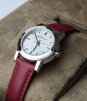  Shop Authentic Burberry The City Silver Dial Red Strap Watch for Women - BU9232 - Luxxuri