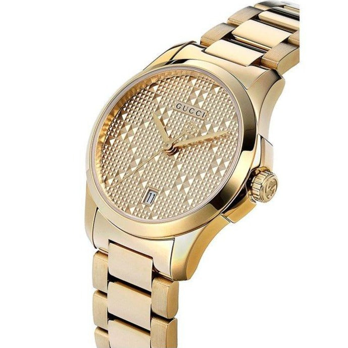  Shop Authentic Gucci G Timeless Gold Dial Gold Steel Strap Watch For Women - YA126553 - Luxxuri