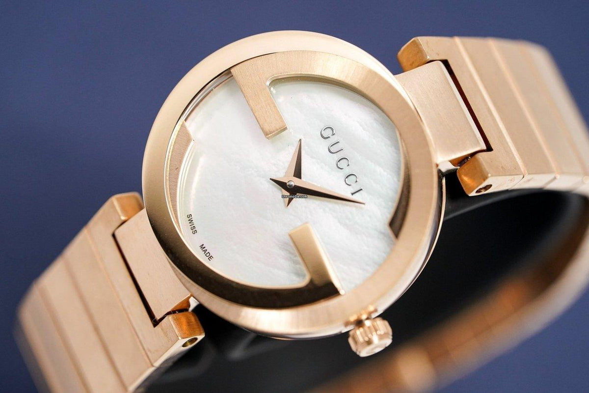  Shop Authentic Gucci G Interlocking Mother of Pearl Dial Rose Gold Steel Strap Watch For Women - YA133515 - Luxxuri