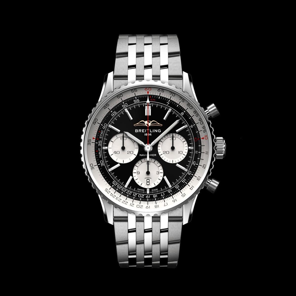  Shop Authentic Breitling Navitimer B01 Chronograph 43 Black Dial Silver Steel Strap Watch for Men - AB0138211B1A1 - Luxxuri
