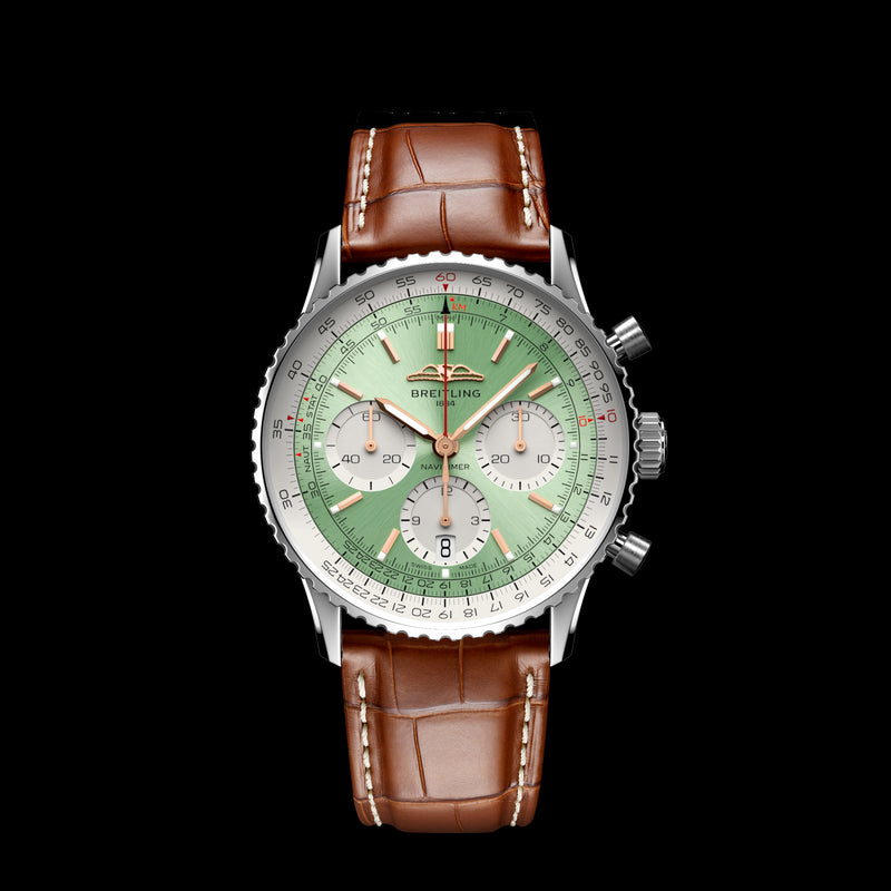  Shop Authentic Breitling Navitimer B01 Chronograph 41 Green Dial Brown Leather Strap Watch for Men - AB0139211L1P1 - Luxxuri