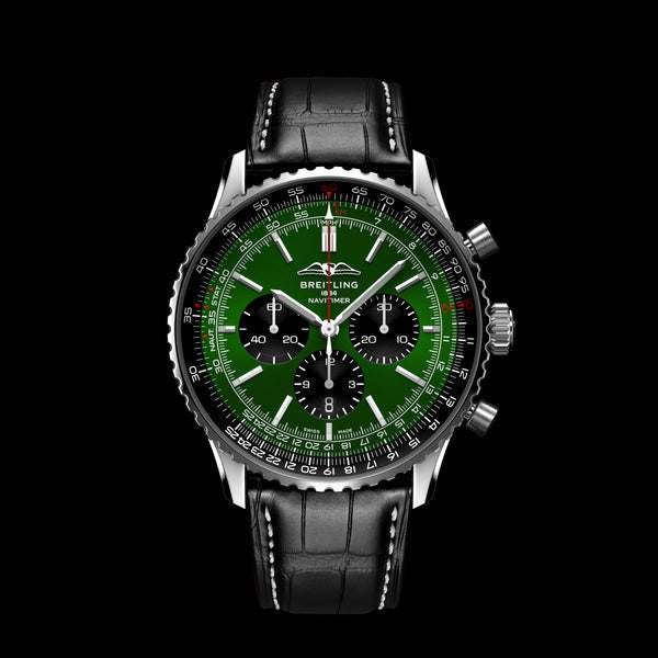  Shop Authentic Breitling Navitimer B01 Chronograph 46 Green Dial Black Leather Strap Watch for Men - AB0137241L1P1 - Luxxuri