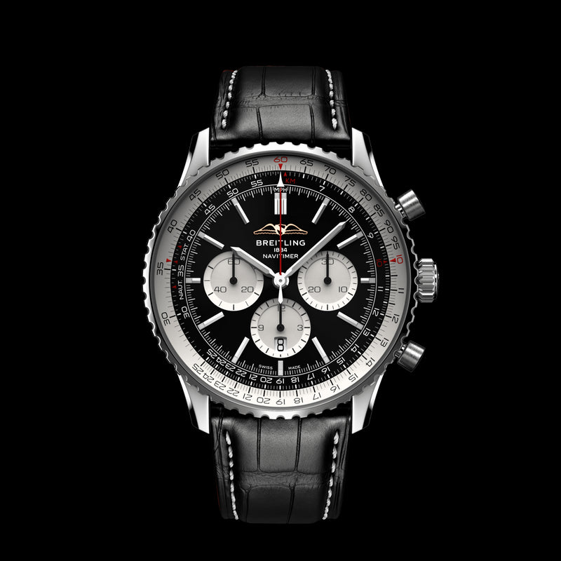  Shop Authentic Breitling Navitimer B01 Chronograph 46 Black Dial Black Leather Strap Watch for Men - AB0137211B1P1 - Luxxuri