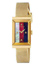  Shop Authentic Gucci G Frame Quartz Diamonds White Red Blue Dial Gold Mesh Bracelet Watch For Women - YA147511 - Luxxuri