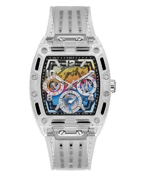  Shop Authentic Guess Phoenix Polycarbonate Clear Multi-function Black Dial Clear Rubber Strap Watch for Men - GW0499G3 - Luxxuri