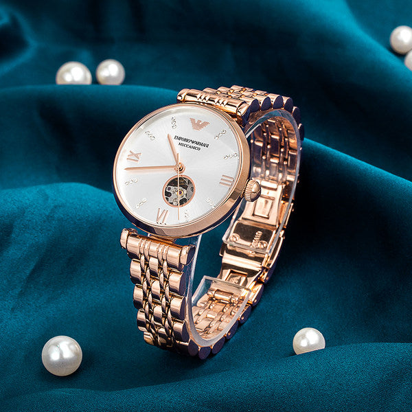  Shop Authentic Emporio Armani Gianni T-Bar Silver Dial Rose Gold Steel Strap Watch For Women - AR60023 - Luxxuri