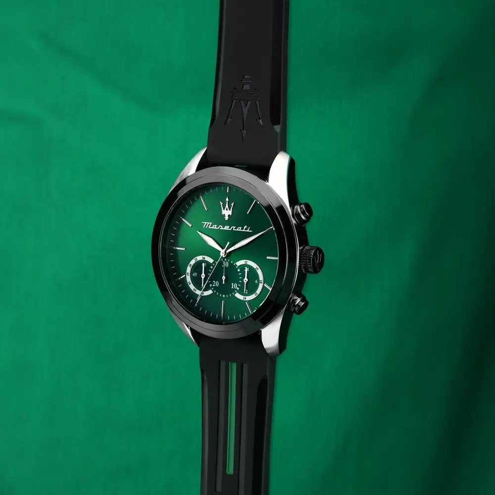  Shop Authentic Maserati Traguardo Chronograph Green Dial Black Silicone Strap Watch For Men - R8871612043 - Luxxuri