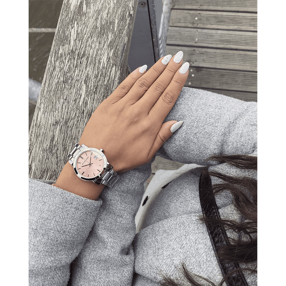  Shop Authentic Burberry The City Pink Dial Silver Steel Strap Watch for Women - BU9124 - Luxxuri