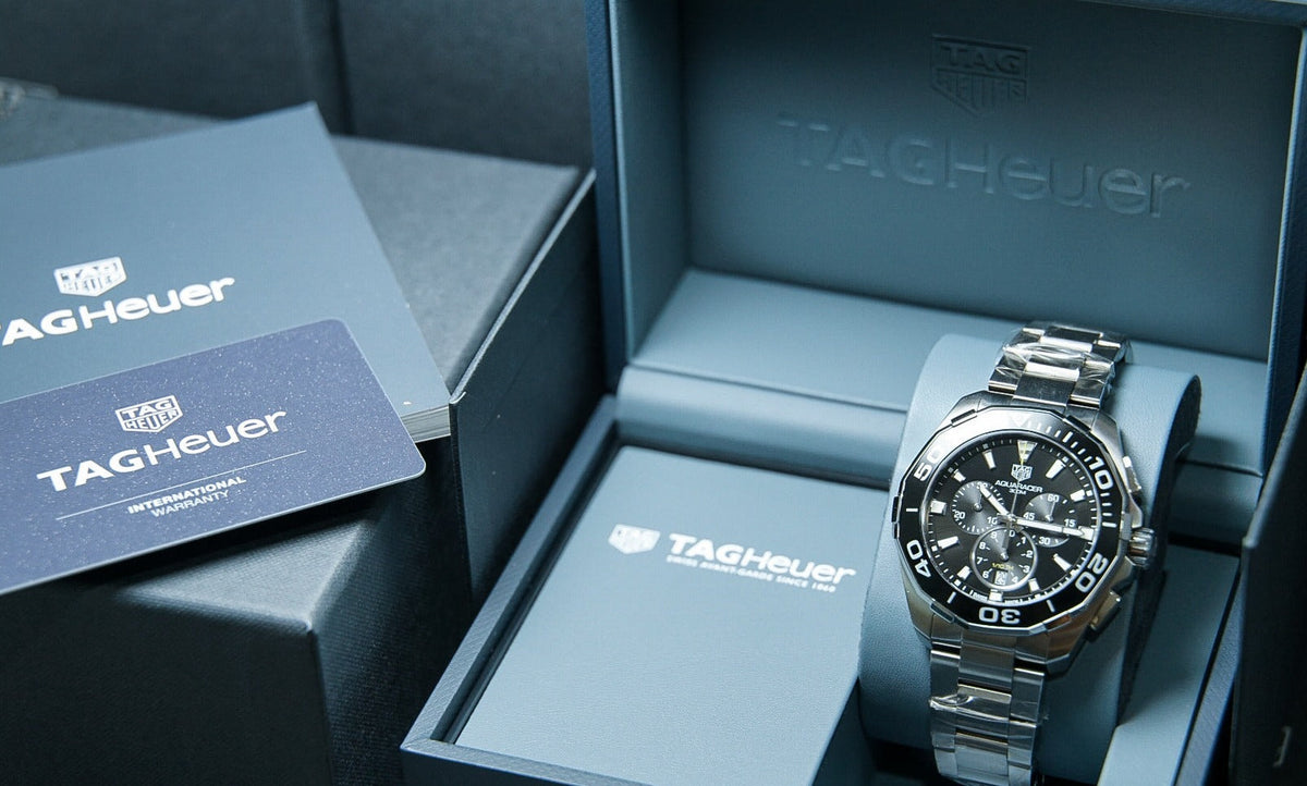  Shop Authentic Tag Heuer Aquaracer Quartz Chronograph Black Dial Silver Steel Strap Watch for Men - CAY111A.BA0927 - Luxxuri