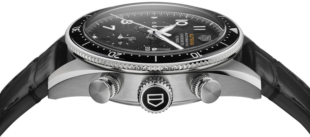  Shop Authentic Tag Heuer Autavia Chronometer Flyback Automatic Chronograph Black Dial Black Leather Strap Watch for Men - CBE511A.FC8279 - Luxxuri
