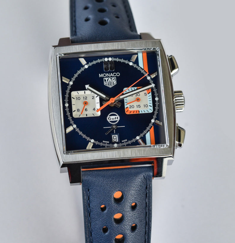  Shop Authentic Tag Heuer Monaco Gulf Automatic Chronograph Blue Dial Blue Leather Strap Watch for Men - CBL2115.FC6494 - Luxxuri
