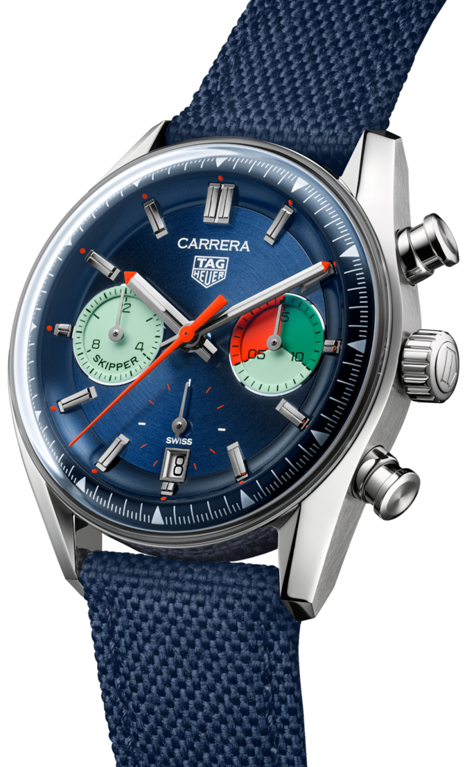  Shop Authentic Tag Heuer Carrera Skipper Automatic Chronograph Blue Dial Blue Nylon Strap Watch for Men - CBS2213.FN6002 - Luxxuri