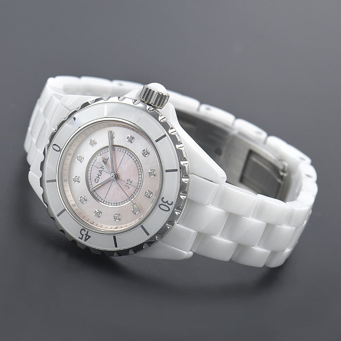  Shop Authentic Chanel J12 Quartz Diamonds Pink Dial White Steel Strap Watch for Women - J12 H5513 - Luxxuri