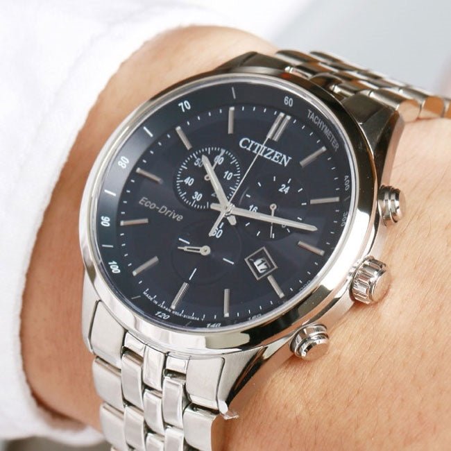  Shop Authentic Citizen Eco Drive Chronograph Blue Dial Silver Steel Strap Watch For Men - AT2140-55L - Luxxuri