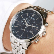  Shop Authentic Citizen Eco Drive Chronograph Blue Dial Silver Steel Strap Watch For Men - AT2140-55L - Luxxuri