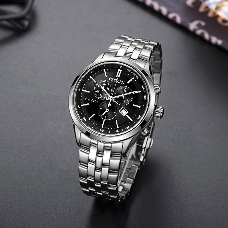  Shop Authentic Citizen Eco Drive Chronograph Black Dial Silver Steel Strap Watch For Men - AT2140-55E - Luxxuri