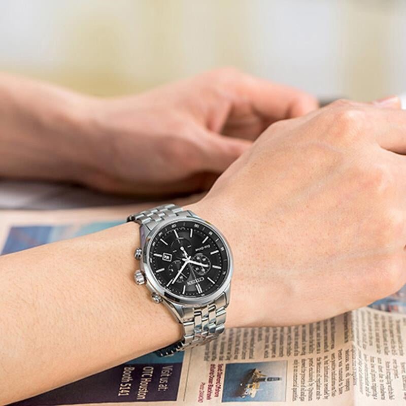 Shop Authentic Citizen Eco Drive Chronograph Black Dial Silver Steel Strap Watch For Men - AT2140-55E - Luxxuri