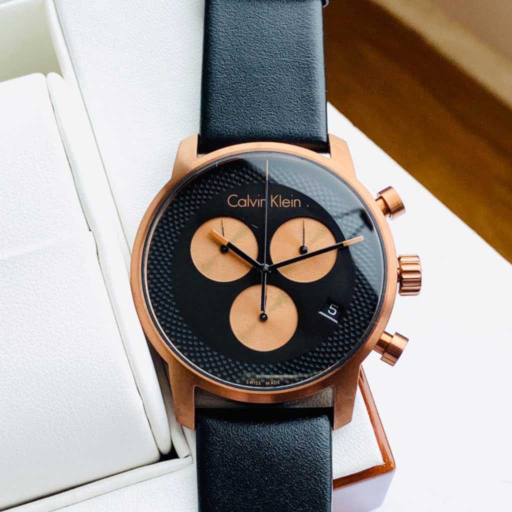  Shop Authentic Calvin Klein City Chronograph Black Dial Black Leather Strap Watch for Men - K2G17TC1 - Luxxuri