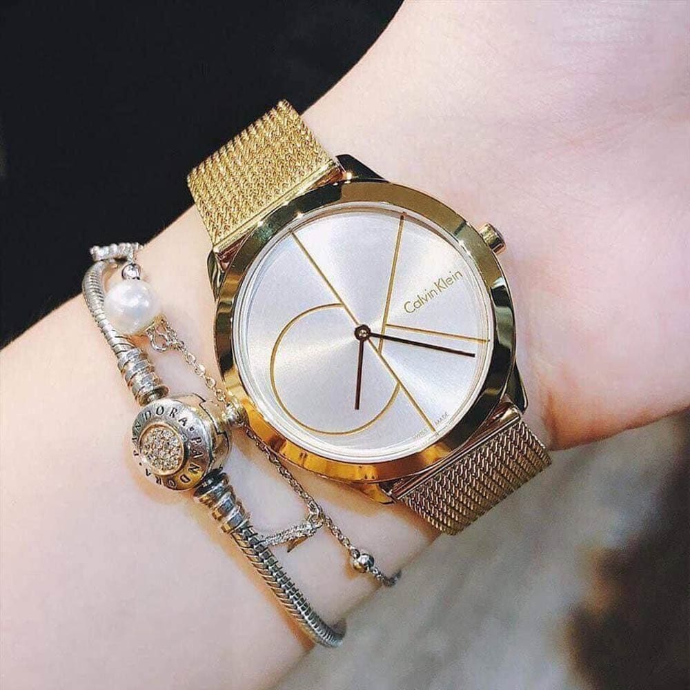  Shop Authentic Calvin Klein Minimal Silver Dial Gold Mesh Bracelet Watch for Women - K3M22526 - Luxxuri