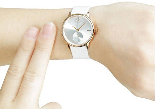  Shop Authentic Calvin Klein Accent Silver Dial White Leather Strap Watch for Women - K2Y216K6 - Luxxuri