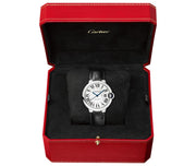  Shop Authentic Cartier Ballon Bleu De Cartier Silver Dial Black Leather Strap Watch for Women - WSBB0028 - Luxxuri