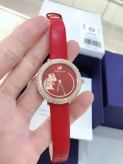  Shop Authentic Swarovski Crystal Frost Red Dial Red Leather Strap Watch for Women - 5519226 - Luxxuri