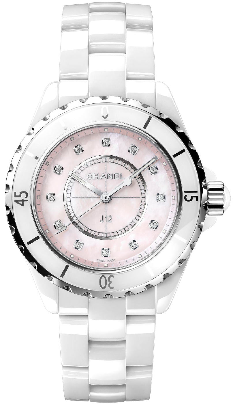  Shop Authentic Chanel J12 Quartz Diamonds Pink Dial White Steel Strap Watch for Women - J12 H5513 - Luxxuri