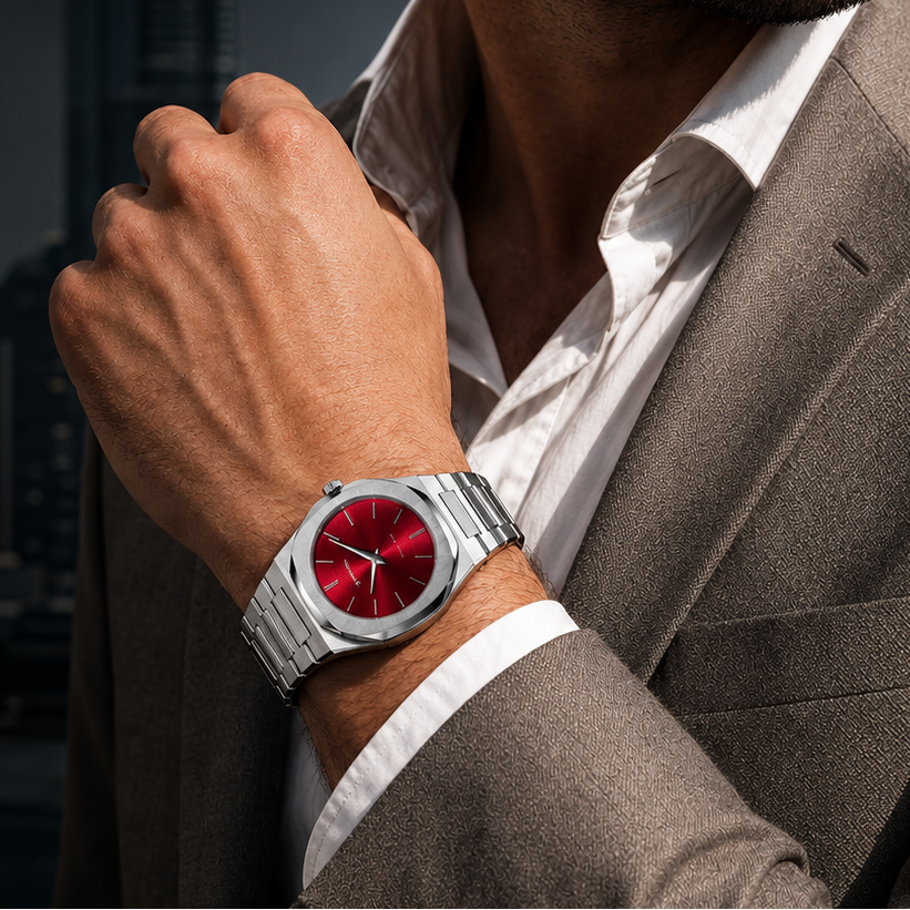 D1 Milano Ultra Thin Red Dial Silver Steel Strap Watch for Men - D1-UTBJ05