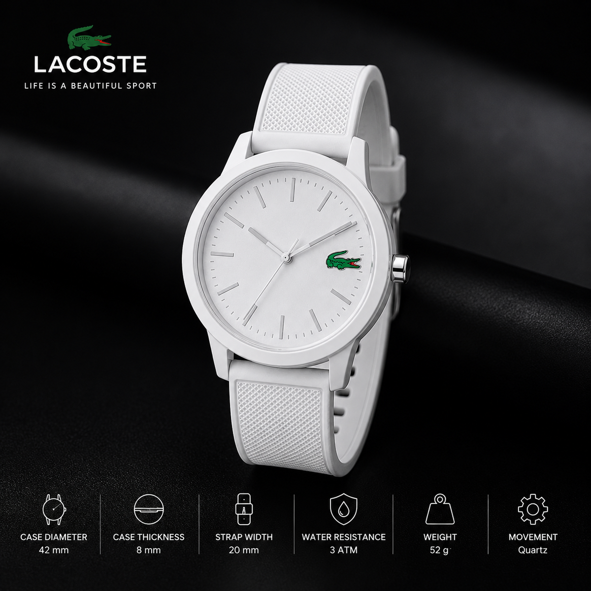 Lacoste 12.12 White Dial White Silicon Strap Watch for Men - 2010984