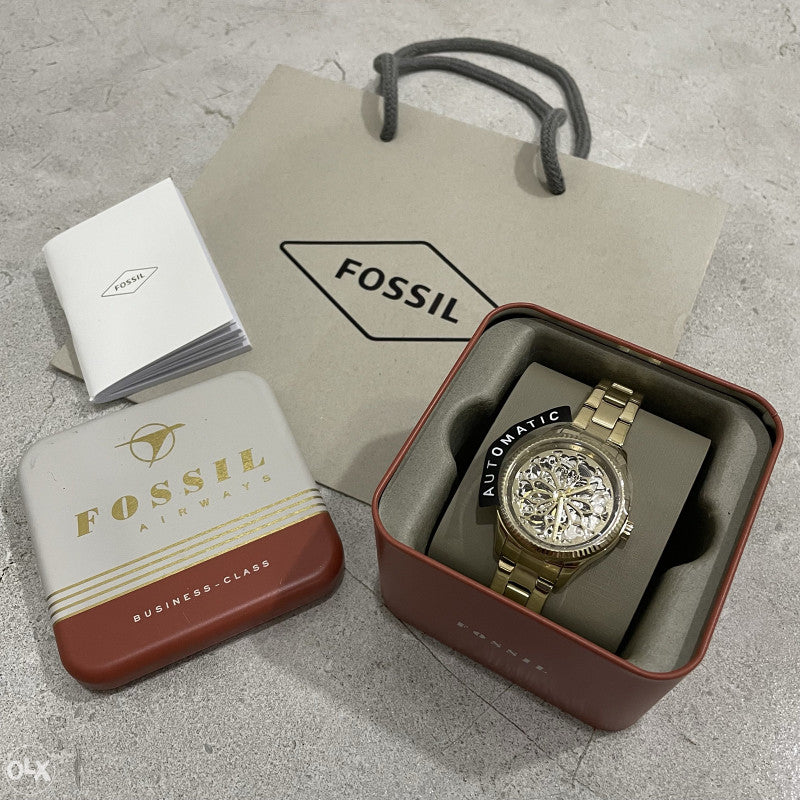  Shop Authentic Fossil Rye Automatic Skeleton Gold Dial Gold Steel Strap Watch for Women - BQ3755 - Luxxuri