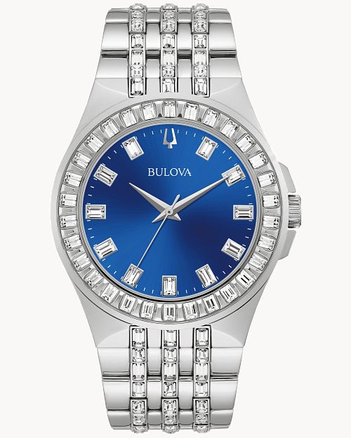  Shop Authentic Bulova Phantom Baguette Crystal Blue Dial Silver Steel Strap Watch for Men - 96A254 - Luxxuri