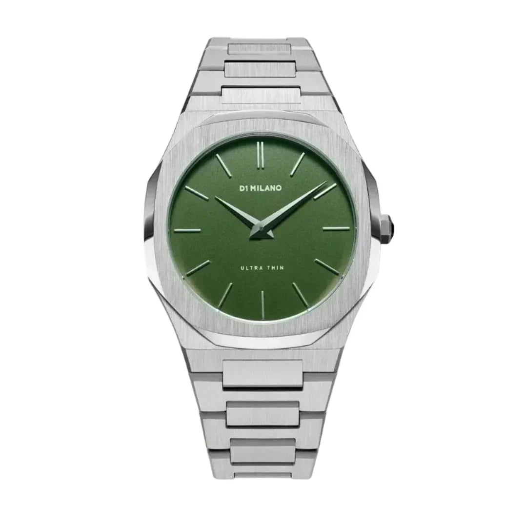 D1 Milano Ultra Thin Moss Green Dial Silver Steel Strap Watch for Men - D1-UTBJ06