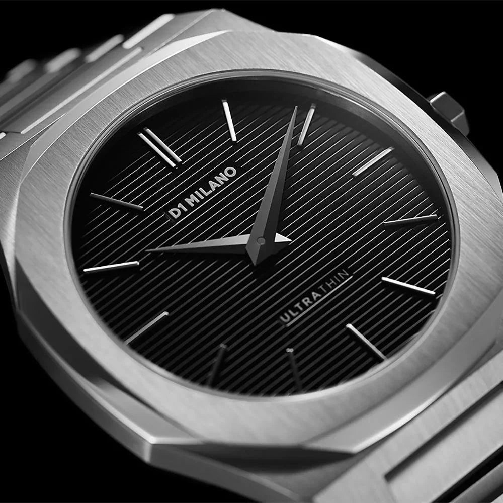 D1 Milano Ultra Thin Black Dial Silver Steel Strap Watch for Men - D1-UTBJ14