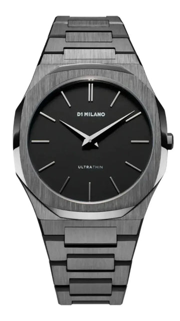 D1 Milano Ultra Thin Re-Gun Black Dial Gray Steel Strap Watch for Men - D1-UTBJ41