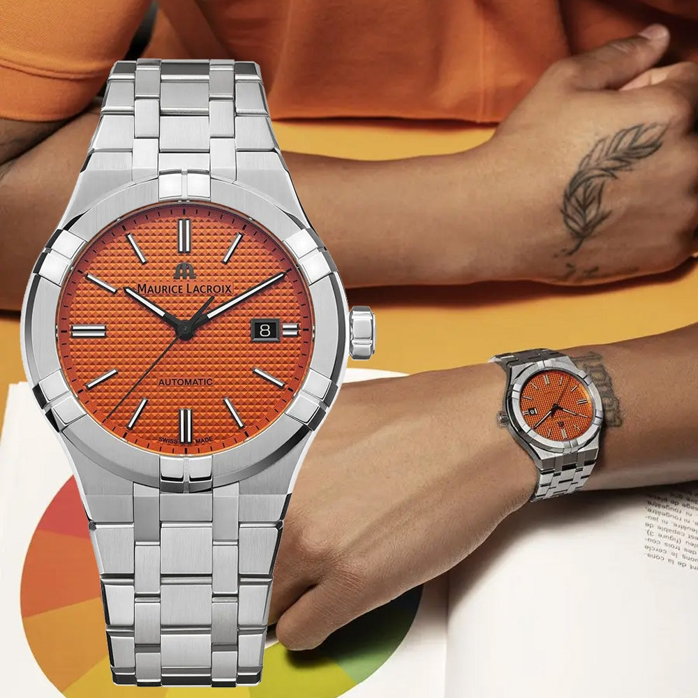  Shop Authentic Maurice Lacroix Aikon Automatic Date Orange Dial Silver Steel Strap Watch For Men - AI6008-SS00F-530-E - Luxxuri