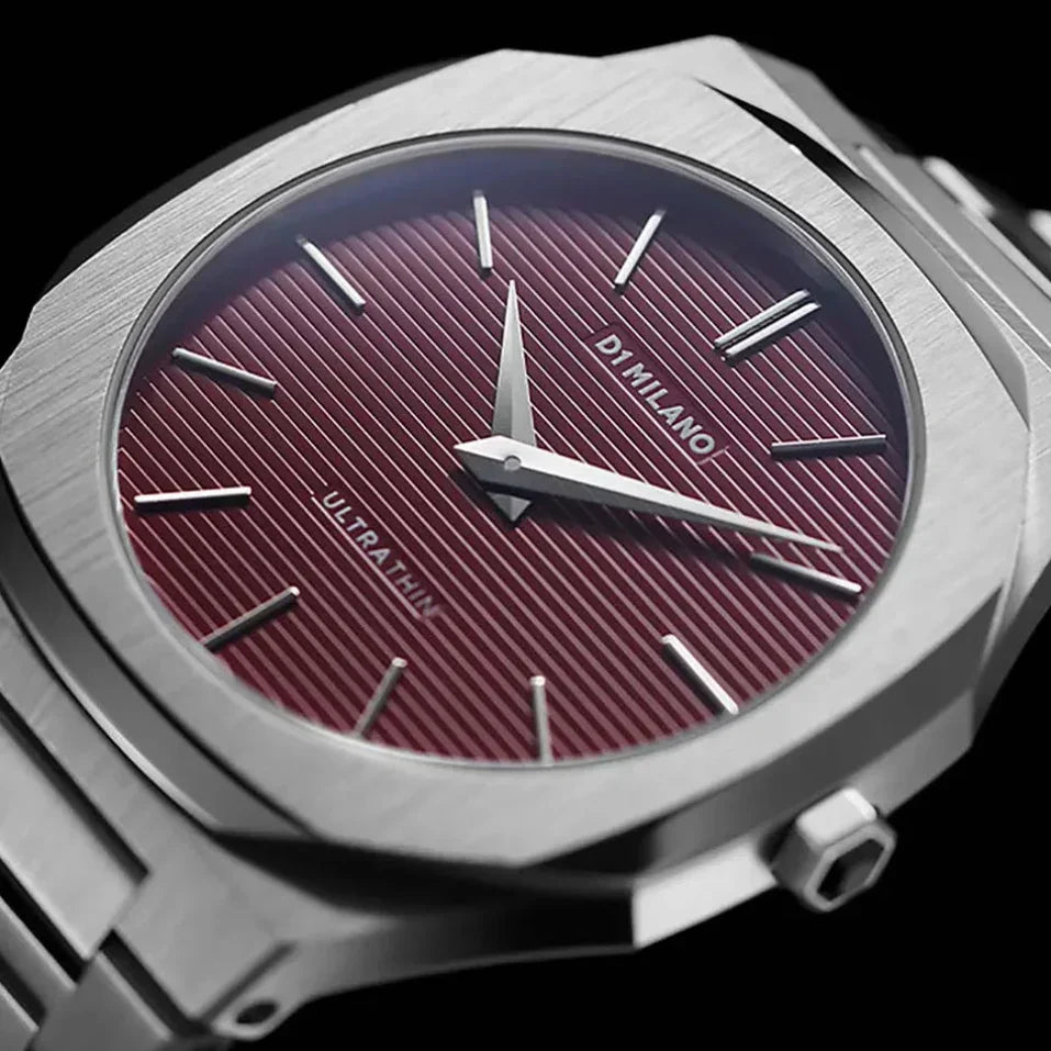 D1 Milano Ultra Thin Bordeaux Red Dial Silver Steel Strap Watch for Unisex - D1-UTBJ11