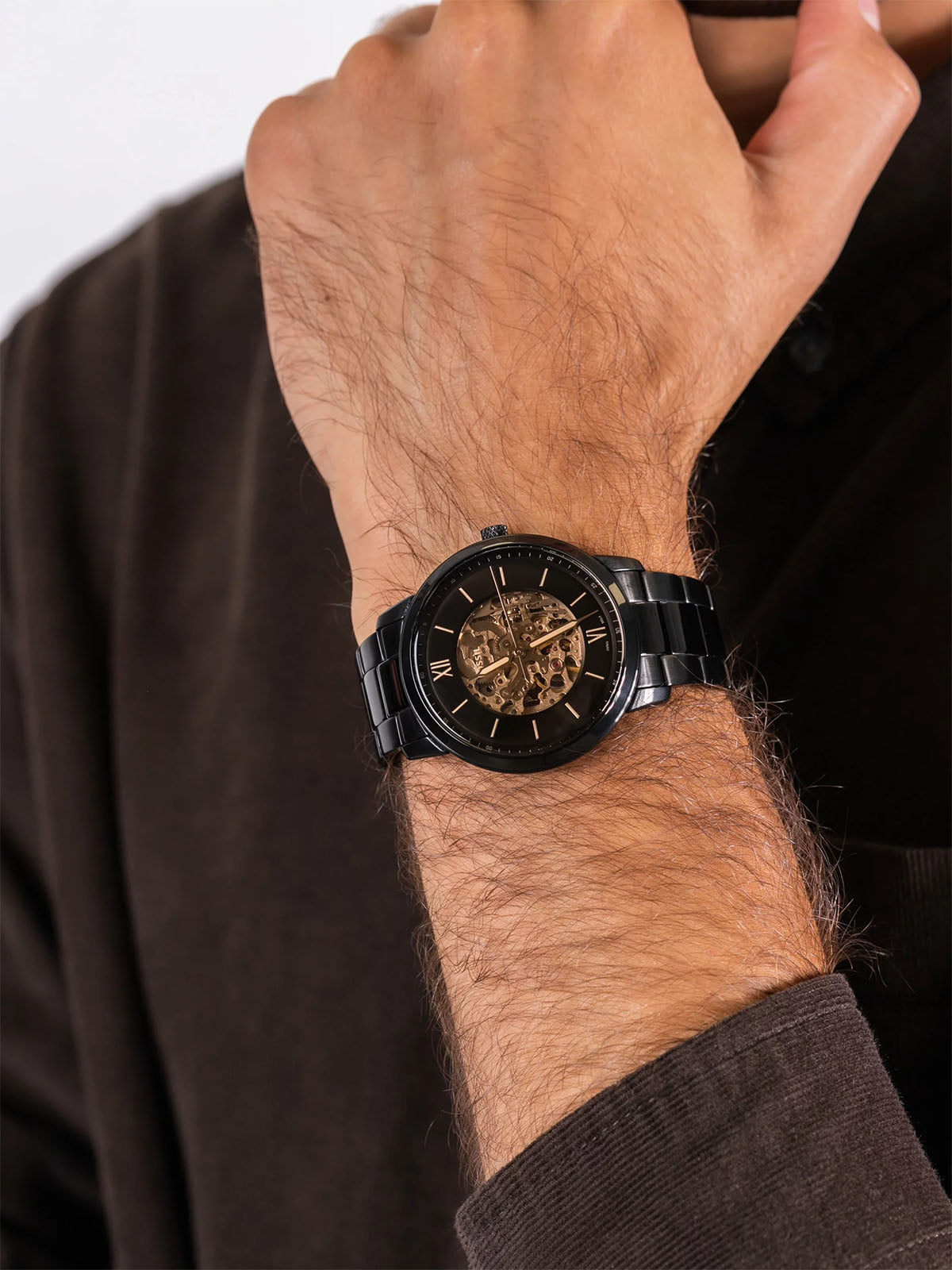  Shop Authentic Fossil Neutra Automatic Skeleton Black Dial Black Steel Strap Watch for Men - ME3183 - Luxxuri