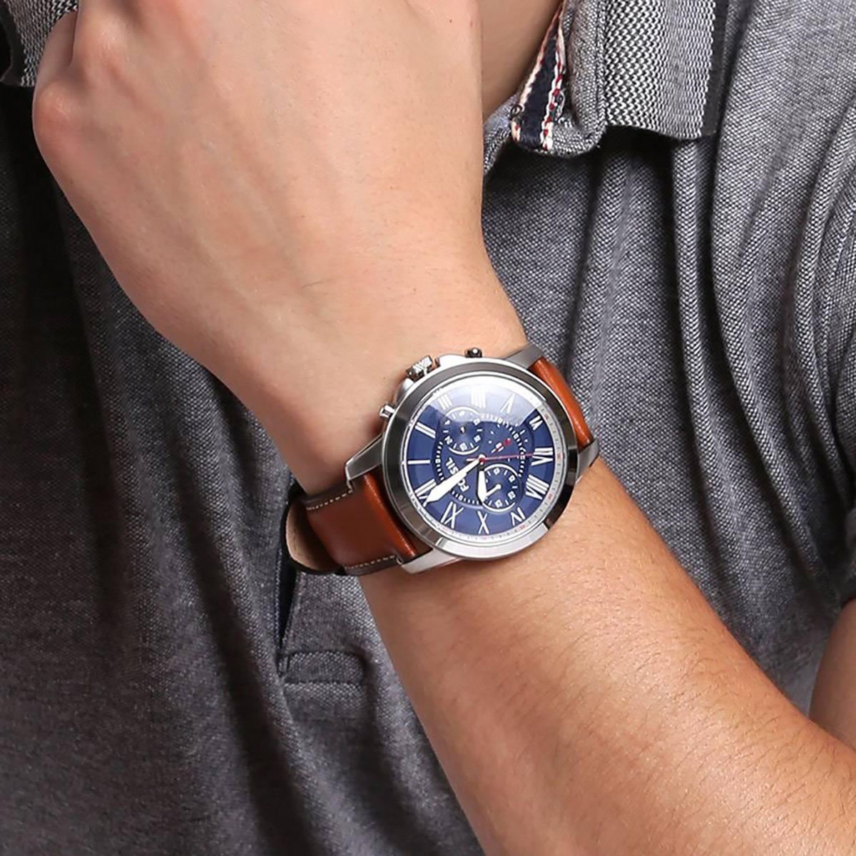  Shop Authentic Fossil Grant Chronograph Blue Dial Brown Leather Strap Watch for Men - FS5210 - Luxxuri