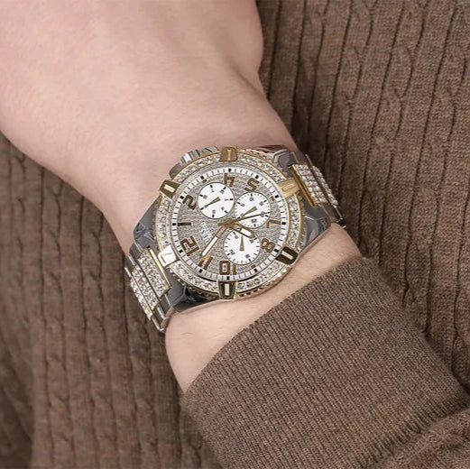  Shop Authentic Guess Frontier Chronograph Crystals Silver Dial Two Tone Steel Strap Watch for Men - W0799G4 - Luxxuri