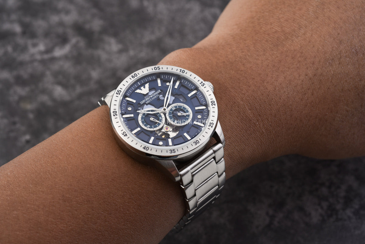  Shop Authentic Emporio Armani Mario Chronograph Automatic Blue Dial Silver Steel Strap Watch For Men - AR60052 - Luxxuri