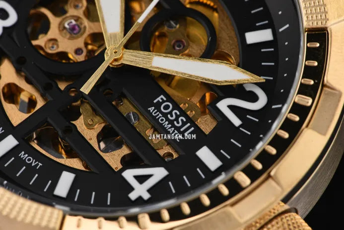  Shop Authentic Fossil Bronson Automatic Skeleton Black Dial Gold Steel Strap Watch for Men - ME3257 - Luxxuri