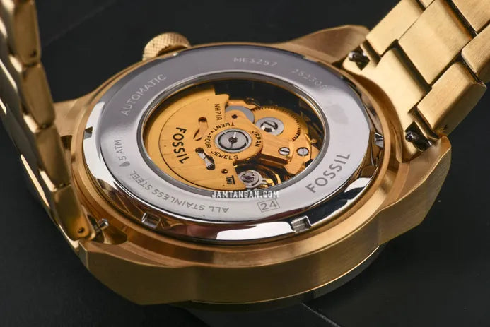 Shop Authentic Fossil Bronson Automatic Skeleton Black Dial Gold Steel Strap Watch for Men - ME3257 - Luxxuri